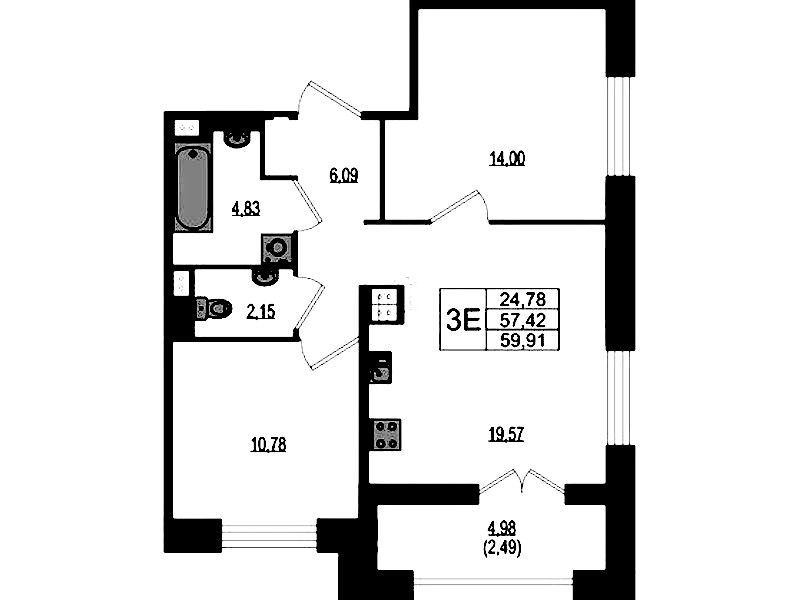 2-комнатная квартира 59.91 м², 2/4 эт., ЖК «Ranta Residence»